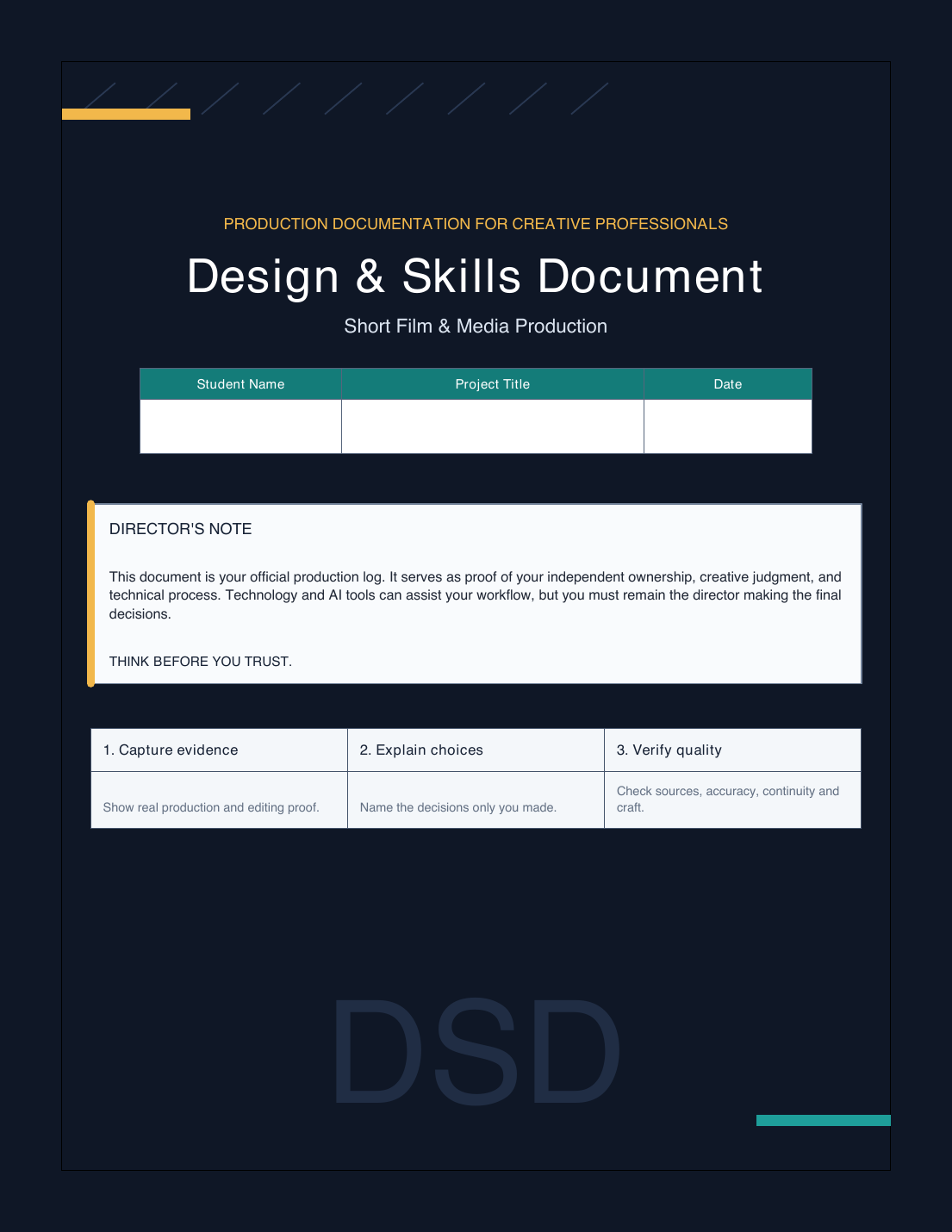 Cover of the Design and Skills Document for short film and media production